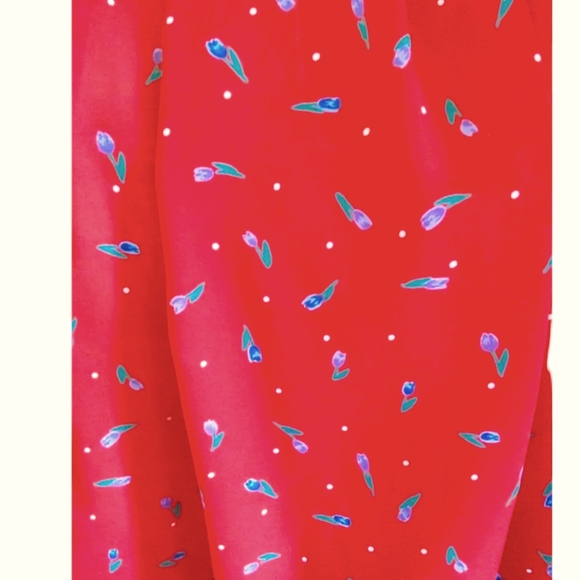 VTG 80's Blouson Waist Dress Red w/ Purple Tulips By Miss Oops California - Picture 5 of 7